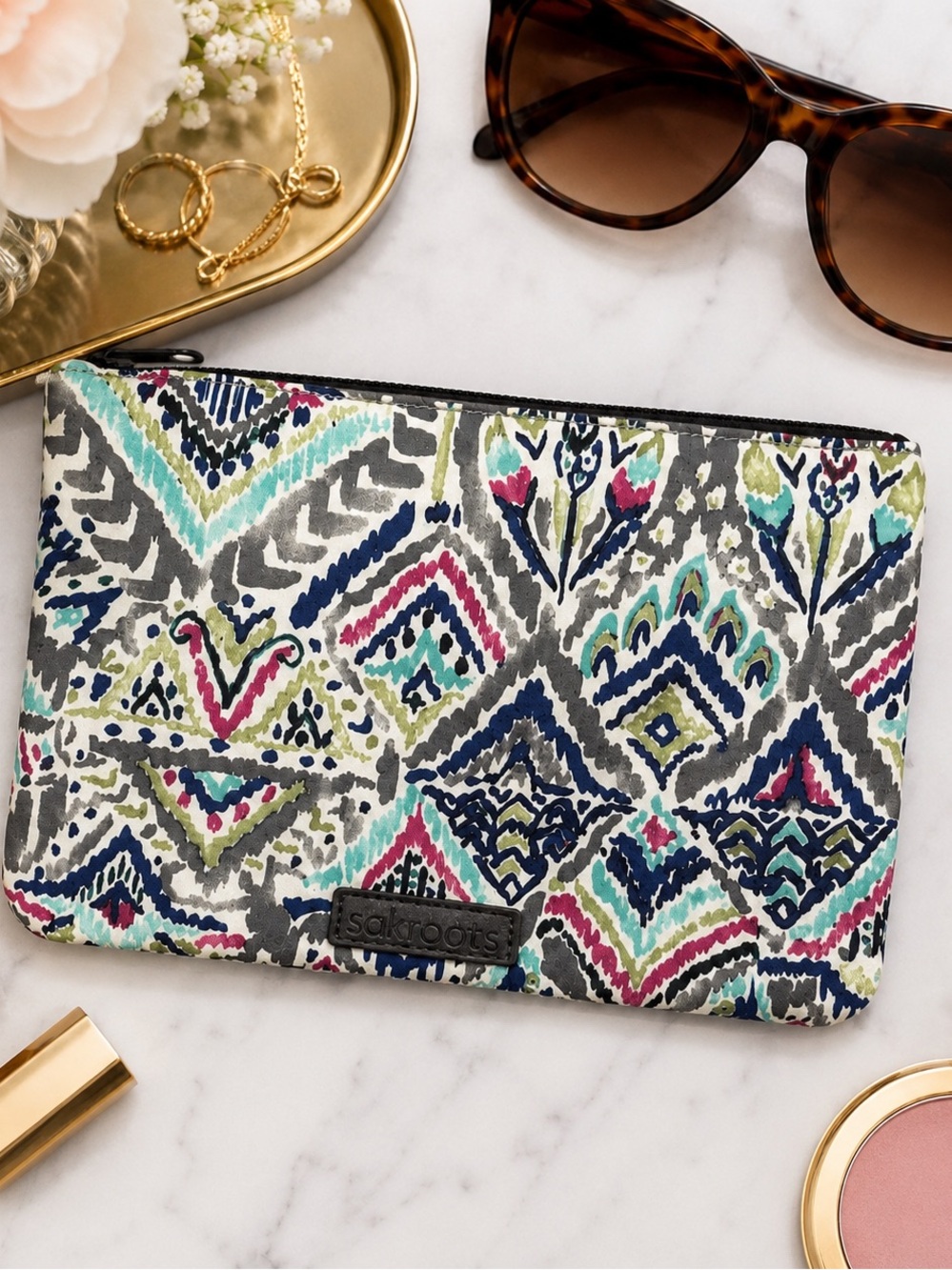 Sakroots Boho Tribal Zip Cosmetic Bag Makeup Pouch Travel Organizer